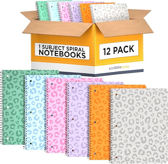 Spiral Notebooks College Ruled 1 Subject Spiral Notebook Pack of 12 Assorted Soft Colors, 8 x 10 1/2 Inch, 70 Sheets, Leopard Pattern Notebooks for Work & School