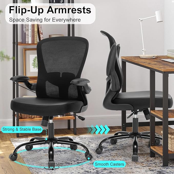 Office Chair, Ergonomic Desk Computer Chair with PU Leather Cushion, Home Office Desk Chairs with Flip-Up Arms and Adjustable Lumbar Support