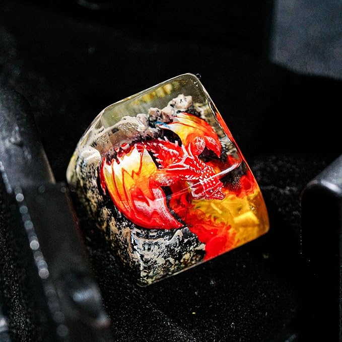 Red Dragon with Volcano Fantasy Artisan Keycap R1 SA Profile Custom Cool Dragon Keycaps 1U ESC Handmade Gaming Resin Key Cap Cherry MX Switch Compatible Mechanical Keyboard Dragon Lover Gift