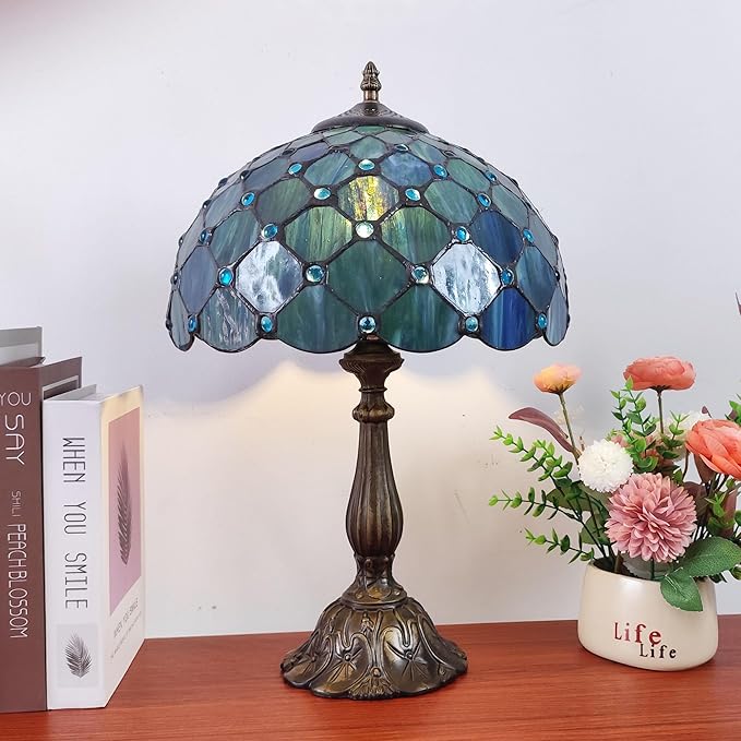 Tiffany Table Lamp Stained Glass Antique Bedside Nightstand Lamp Blue Pearl Style Small Antique Desk Light for Bedroom Living Room Home Office,3-Color LED Bulb Include