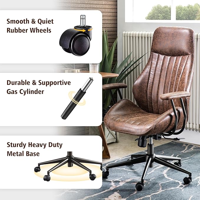 ovios Ergonomic High Back Office Chair, Mid-Century Modern Faux Suede Leather Chair with Padded Armrests, Comfy Executive Computer Task Swivel Rolling Chairs, Dark Coffee
