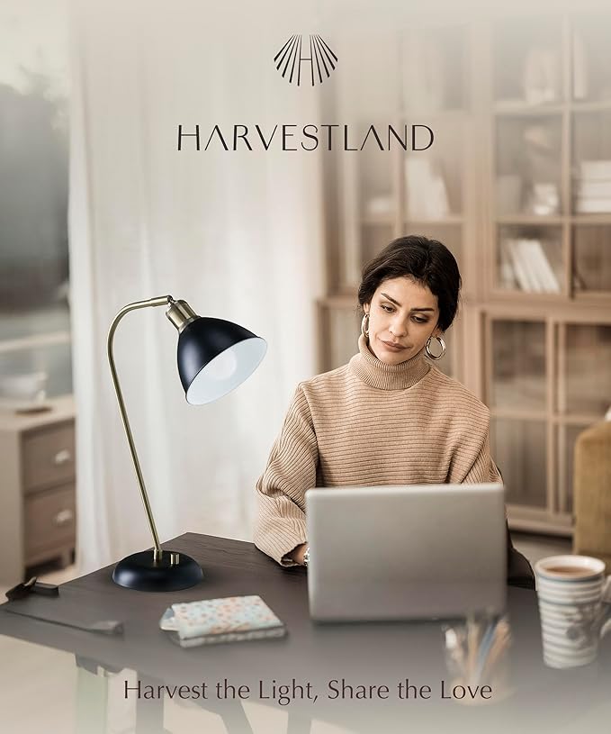 HarvestLand Halo Black Table Lamps – Adjustable Reading Lamp, Metal Desk Lamp, Industrial Table Lamp with Solid Base for Bedside, Home Office, Black Desk Lamp