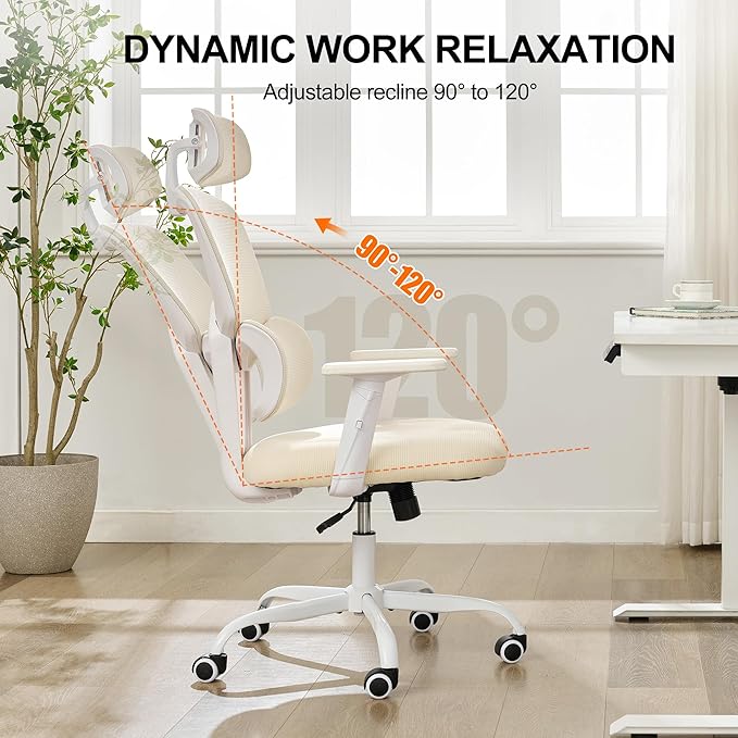 Ergonomic Office Chair,Home Mesh Office Desk Chairs,High Back Office Chair 330 LBS,Swivel Computer Chair with 2D Armrest,Adjustable Headrest,Lumbar Support,Rocking Function (Beige)