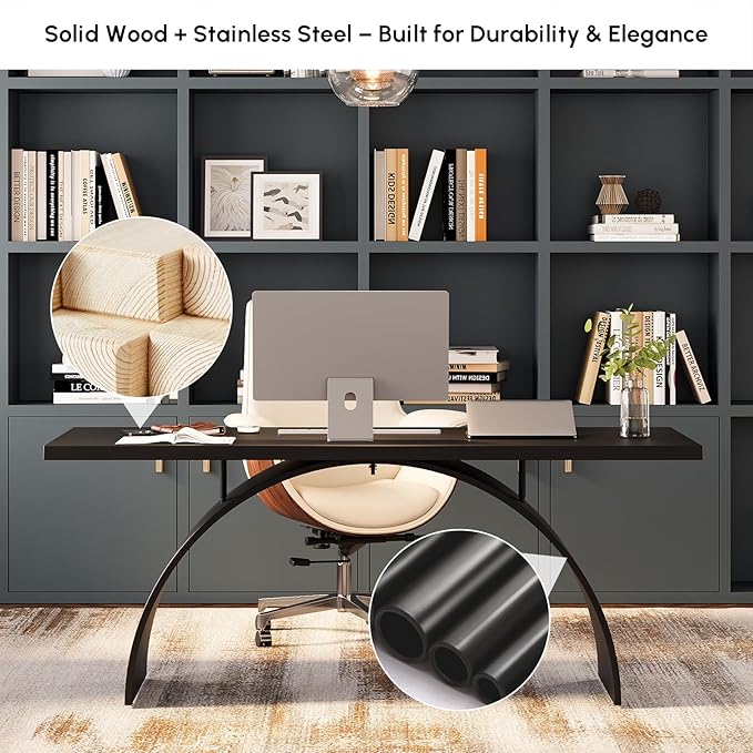homary 70.9" Industrial Executive Desk, Black Top Desk Modern Home Desk with Arched Design Legs for Study, Office, Home Office
