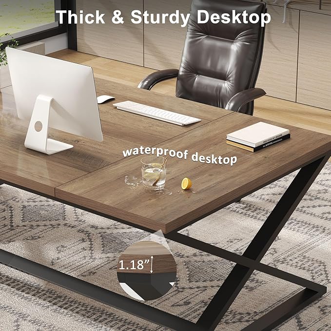 IBF Large Computer Desk, 78.7” Extra Long Home Office Desk, Wood Metal Work Desk for Study Writing, Farmhouse Simple Wide Double PC Gaming Computer Table Executive Workstation in Bedroom, Rustic Oak