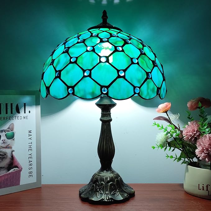Tiffany Lamp Stained Glass Table Lamp Antique Bedside Desk Reading Light 3-Way Color LED Living Room Nightstand Light 12X12X19 Inches Home Office Desk Light