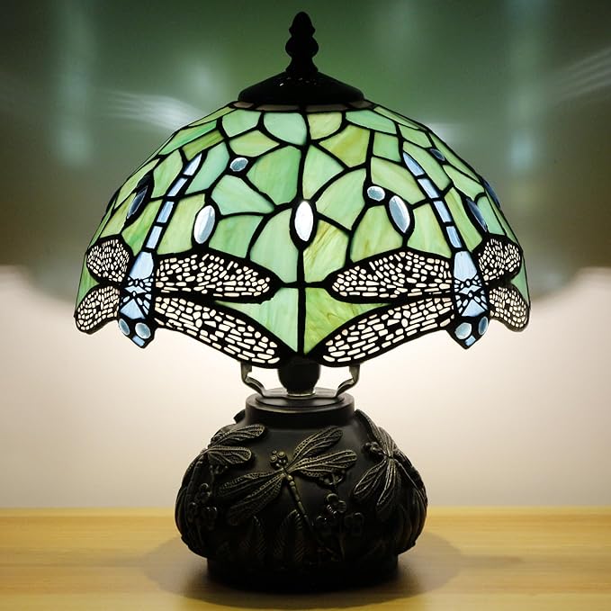 Small Tiffany Table Lamp Light Green Dragonfly Style Stained Glass Desk Lamp 10X11.5 Inch Mushroom Table Light for Office Home Living Room Bedroom