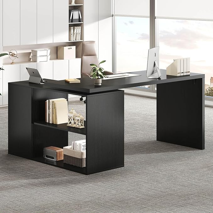 HSH Black L Shaped Desk with Drawers Shelves, 360 Rotating Home Office Desk L Shape with Storage Cabinet, Corner Wood Computer Table for PC Executive Work Study Writing in Bedroom Living Room, 55 in