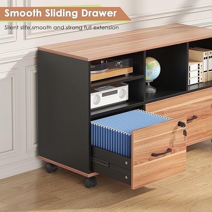 Semoic 2 Drawer File Cabinet for Home Office, Lockable Rolling Filing Cabinet with Adjustable Shelves, Wood Lateral File Cabinet with Lock, Printer Stand Office Storage Cabinet, Rustic Brown & Black