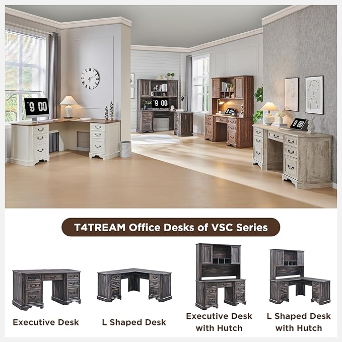 T4TREAM 59" Executive L Shaped Desk with Hutch,Victorian Wood Computer Desk, Featuring Charging Station,File Drawer, Storage Cabinet,for Home Office Work and Study (Dark Rustic Oak)