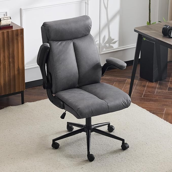 VINGLI Rolling Ergonomic Office Desk Chair with Padded Flip-up Arms, 360° Swivel High Back Executive Computer Task Chair with Wheels for Game,Home Small Space, Study Room, Reading Room,Pu Grey