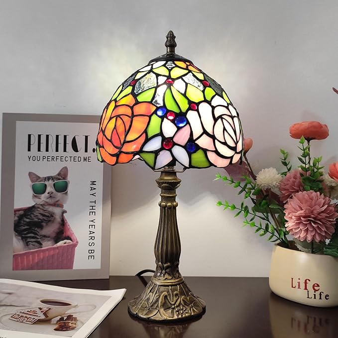 Small Tiffany Table Lamp 8 Inch Tiffany Style Desk Lamp Stained Glass Antique Light Decoration Bedroom Bedside Lamp Retro Reading Lamps (Yellow Pink Roses Style)