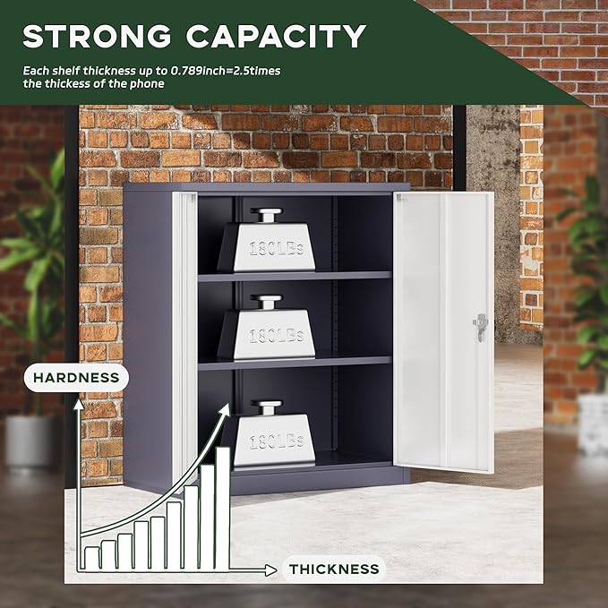 Greenvelly Metal Cabinet, 36" Locking Storage File Cabinet with Doors and Shelves for Office,Home,Gym,School,Kitchen(Grey White)