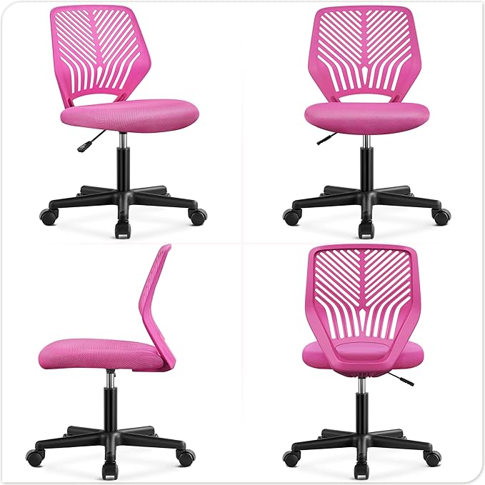 Yaheetech Students Cute Desk Chair Low-Back Armless Study Chair w/Lumbar Support Adjustable Swivel Chair in Home Bedroom School, Rose Red