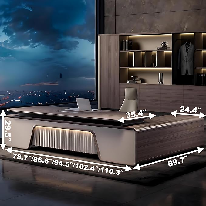 Modern Executive Desk – Large Office Desk with Storage Cabinets, Hidden Power Box, Solid Wood Executive Office Desk for Home Office, Fully Assembled (Desk,110.3IN)