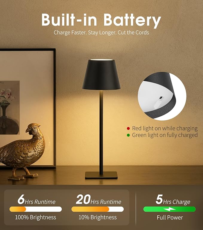 UME Cordless Table Lamp, Battery Operated Lamp - Portable Waterproof Rechargeable Table Lamp w/ 3 Color Temps & Stepless Dimming for Dinner, Desk, Cafe, Outdoor (Black)