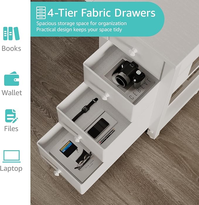 Lufeiya White Computer Desk with Fabric Drawers & Storage Shelves, 55 Inch Study Work Writing Desk for Home Office Bedroom, Simple Modern Cute PC Desks Table, White