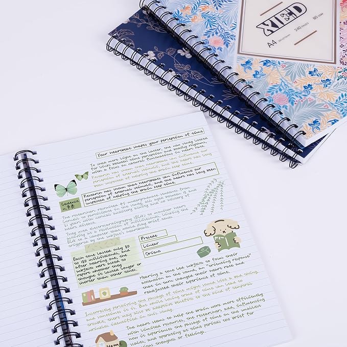 Spiral Notebook,A4 Lined Notebook, 3 Pack,8"x11-1/2", 120 Sheets & 240 Pages, Water Resistant Cover Notebook Set Perfect for School & Office