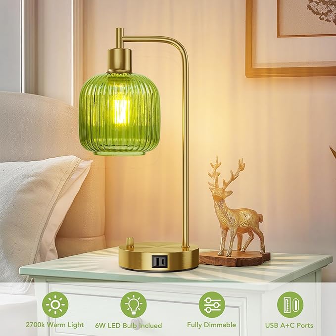 QiMH Industrial Table Lamp for Bedroom Set of 2, Green Glass Beside Lamp with USB A&C Ports, Stepless Dimmable Gold Lamps, Nightstand Lamps for Living Room, Office, Home Decor(Bulb Included)