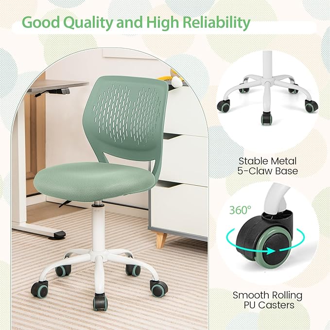 POWERSTONE Small Home Office Desk Chair, Swivel Rolling Study Computer Chair, Adjustable Height Task Chair with Armless Mid Back, Upholstered Mesh Seat, Light Green