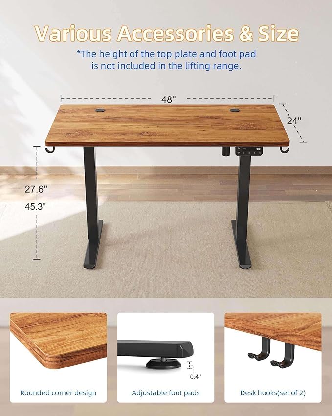 YIHAYO Electric Standing Desk, 48 x 24 Inches Stand Up Desk with Splice Board, Adjustable Height Desk, Computer Desk for Home Office, Black Frame/Rustic Brown Top