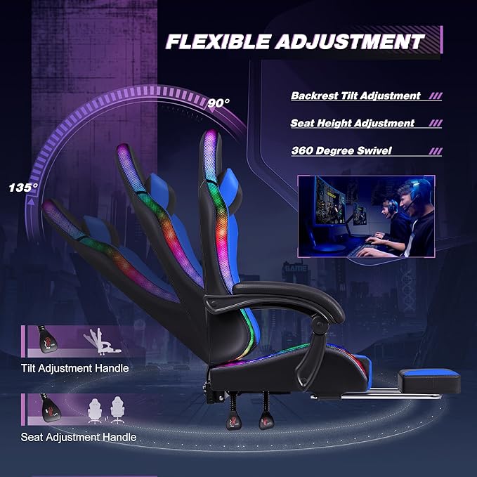 Homall Gaming Chair, Video Game Chair with Footrest and Massage Lumbar Support, Ergonomic Computer Chair Height Adjustable with Swivel Seat and Headrest (RGB Blue)