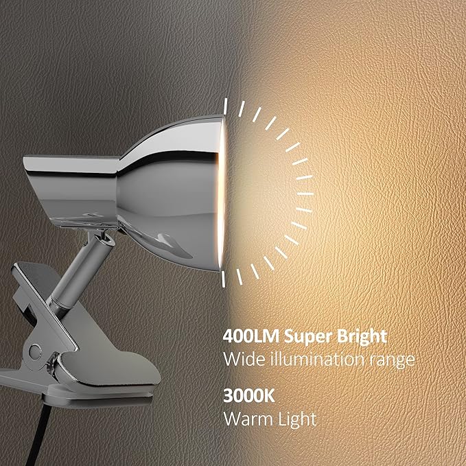 LED Clamp Light,5W Super Bright Desk Lamp, 330° Rotation Small Lamp with Clamp on Desk/Table/Bed Headboard/Cupboard Home Lighting, Modern and Save Space Illumination Powerful Lamp Silver