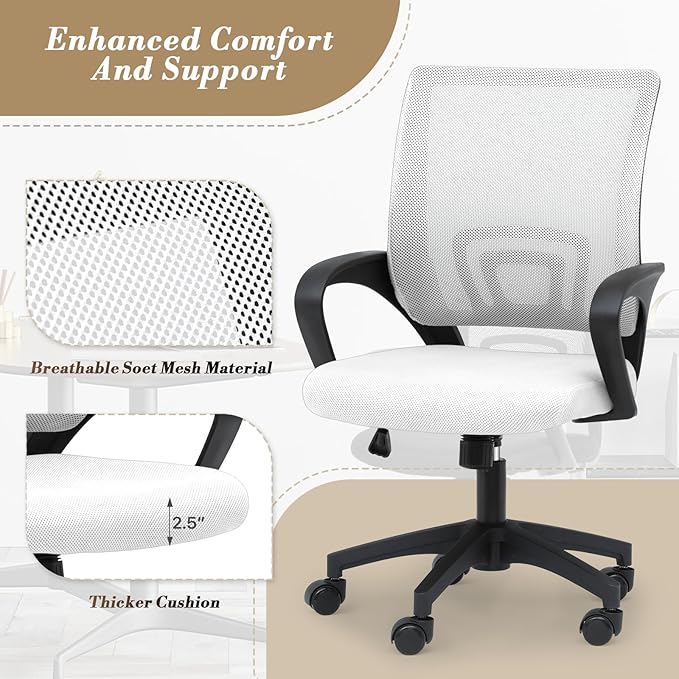 Athena Collection Computer Office Chair, Ergonomic Desk Chair with Rolling Wheels, Mesh Back Support and Height Adjustable, Small and Comfy for Home Office, Study, White