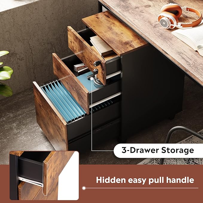 DEVAISE 3 Drawer Rolling File Cabinet with Lock, Wood Under Desk Filing Cabinet fits Letter/Legal/A4 Size for Home Office, Rustic Brown