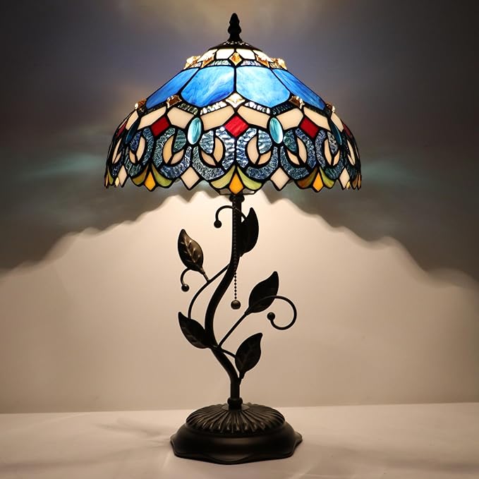Tiffany Table Lamp, Stained Glass Style Desk Lamp, 12X12X19 Inch,Bedside Reading Light, Metal Leaf Base(Blue Baroque)