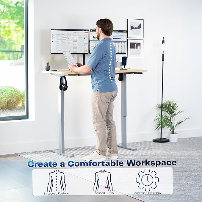 VIVO Electric 55 x 28 in Standing Desk, Memory Height Adjustment, 1B Series, One-Piece Light Wood Top, Gray Frame, DESK-KIT-1G55C