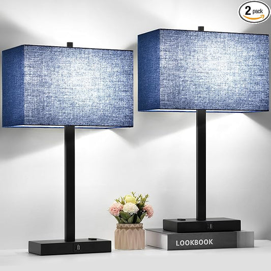 Lynnoland 21" Set of 2 Bedside lamp with USB A+C & AC Outlets, Touch Control 3-Way Dimmable Nightstand Lamps for Bedroom Living Room Office Reading, Blue Shade Touch Lamps, 5000K LED Bulbs Included