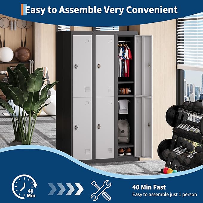 2 Doors Tall Single Metal Locker, Metal Lockers for Employees with Keys, 72” Black Employee Storage Cabinet with Doors, Steel Storage Cabinets Lockable for School, Gym, Home, Office, Mudroom, Black