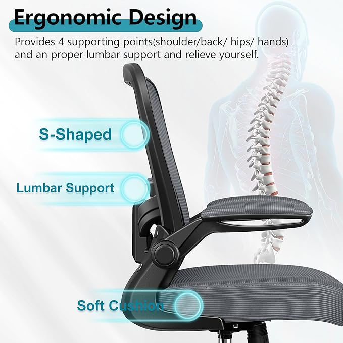FelixKing Office Chair, Ergonomic Desk Chair Breathable Mesh Chairs Adjustable High Back Lumbar Support Flip-up Armrests, Executive Rolling Swivel Comfy Computer Chairs Home Office Dark Gray