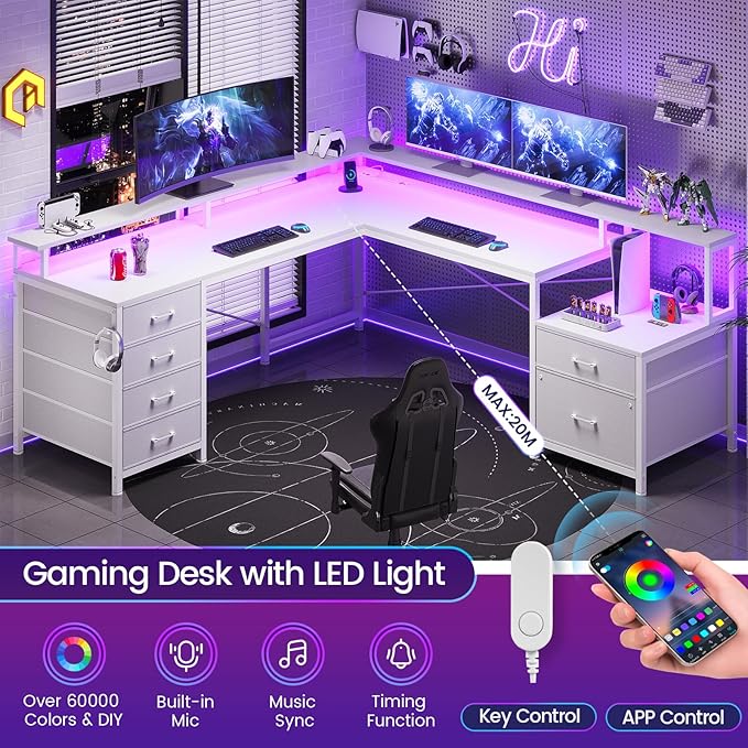 SEDETA L Shaped Desk with 6 Drawer, 108" Home Office Desk with File Drawer & Power Outlet, Corner Computer Desk with Monitor Shelf, File Cabinet, Two Person Desk, Gaming Desk with Led Lights, White