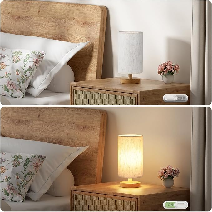 Small Lamps Set of 2 - Inline Control, Bedside Table Lamp for Bedroom with 3000K A15 LED Blub, Easy Assembly (Cream Shade - Wood Base Set of 2, 9" Inline Control)