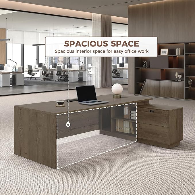 L Shape Executive Office Desk with Reversible Cabinets, Lockable Drawers, Cable Box & Privacy Panel – Modern Wood Grain Desk for Home Office or Business Use(Walnut,63" L*32" W*30" H)
