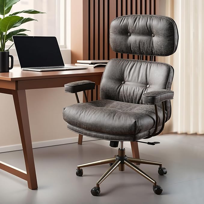 ovios Ergonomic Home Office Chair, Mid-Century Modern Faux Leather Chairs with Thickened Cushions, Comfy High Back Swivel Rolling Executive Computer Armchair (Dark Grey, Suede Leather)