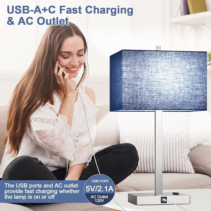 Lynnoland 21" Set of 2 Table lamp with USB A+C & AC Outlets, Touch Control 3-Way Dimmable Nightstand Lamps for Bedroom Living Room Office Reading, Blue Shade Touch Lamps, 5000K LED Bulbs Included