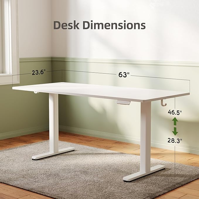 INNOVAR Electric Standing Desk, Adjustable Height Stand up Desks, 63 x 24 Inches Sit Stand up Desk for Home Office Computing, 3-Preset Memory Height Ergonomic Rising Desks, White