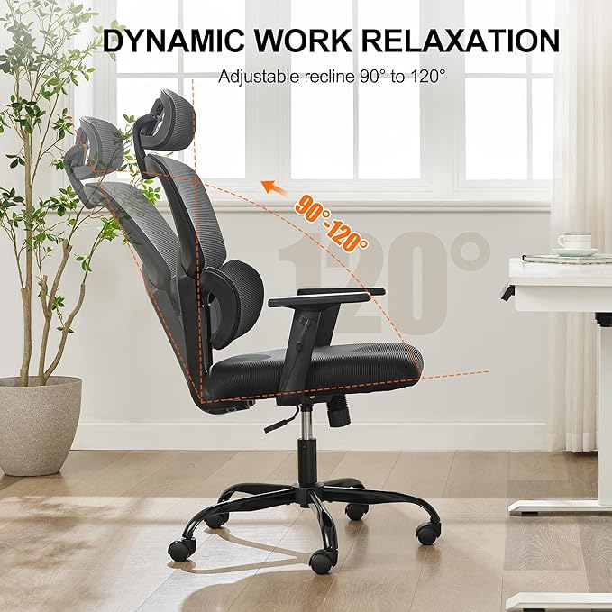 Ergonomic Office Chair,Home Mesh Office Desk Chairs,High Back Office Chair 330 LBS,Swivel Computer Task Chair with 2D Armrest,Lumbar Support,Adjustable Headrest,Rocking Function (Black)