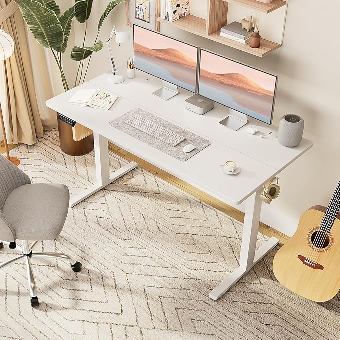 SMUG Adjustable Height Standing Desk 55 Inch Electric Sit Stand Up Down Computer Table Ergonomic Rising Modern Lift Motorized Gaming Desktop Workstation for Work Home Office - Modern White