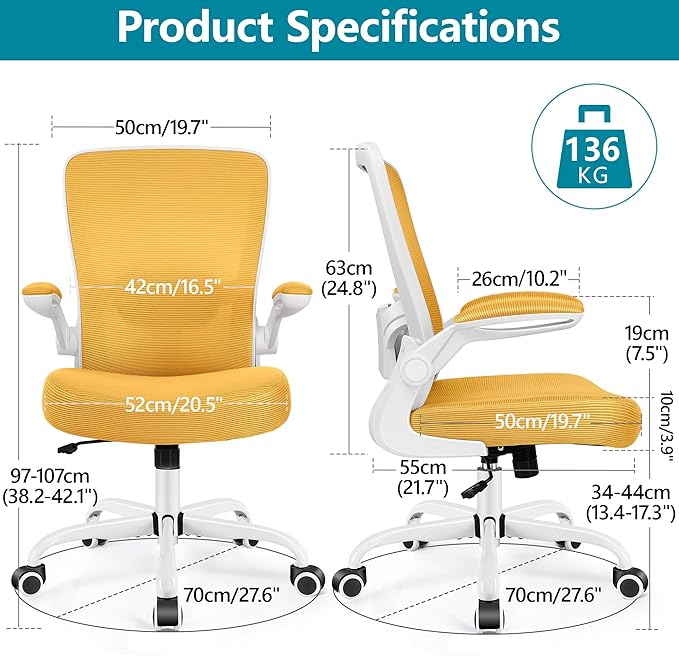FelixKing Office Chair, Ergonomic Desk Chair Breathable Mesh Chairs Adjustable High Back Lumbar Support Flip-up Armrests, Executive Rolling Swivel Comfy Computer Chairs Home Office Yellow