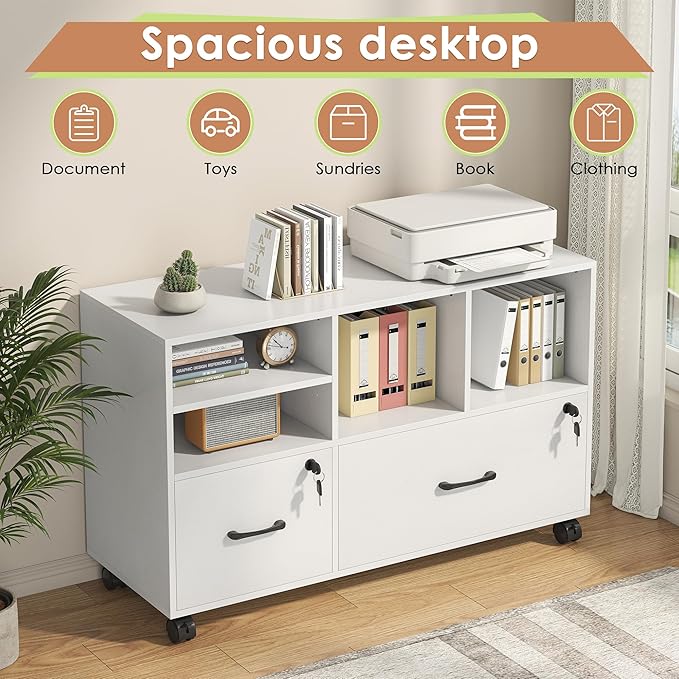 Semoic 2 Drawer Wood Lateral File Cabinet with Lock, Lockable Rolling Filing Cabinet with Open Storage Shelves, Printer Stand Office Storage Cabinet for Home Office Fits Files Legal/A4 Size, White