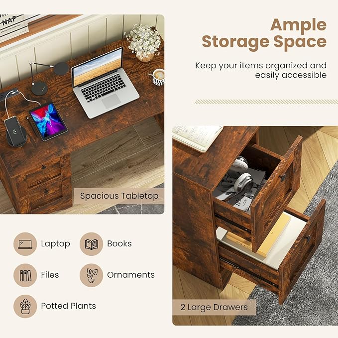 Tangkula Computer Desk with Drawers & Charging Station, Wooden Home Office Desk PC Laptop Notebook Desk, Compact Study Desk Writing Desk, Computer Workstation Ideal for Home & Office (Rustic Brown)