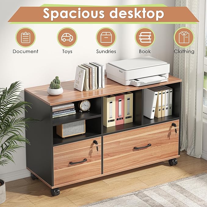Semoic 2 Drawer File Cabinet for Home Office, Lockable Rolling Filing Cabinet with Adjustable Shelves, Wood Lateral File Cabinet with Lock, Printer Stand Office Storage Cabinet, Rustic Brown & Black
