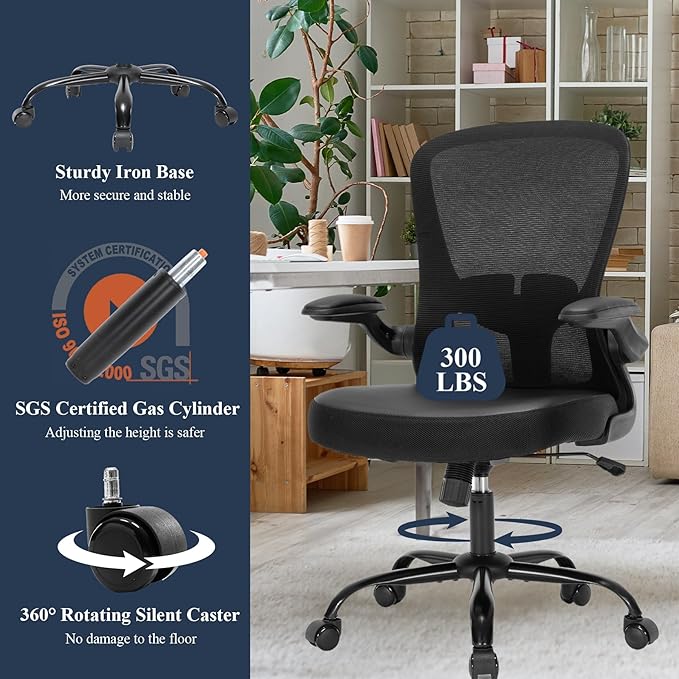 Office Chair, Ergonomic Mesh PU Leather Desk Computer Chair, with Lumbar Support, Adjustable Height, Executive Swivel Rolling with Flip-up Arm, Black