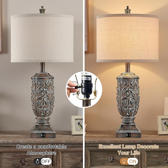 Set of 2 Farmhouse Table Lamps for Living Room, Rustic Vintage Bedside Nightstand Lamp with USB A+C, 28.5" Tall Bronze Leafwork Resin Lamps for Bedroom End Table, Rotary Switch