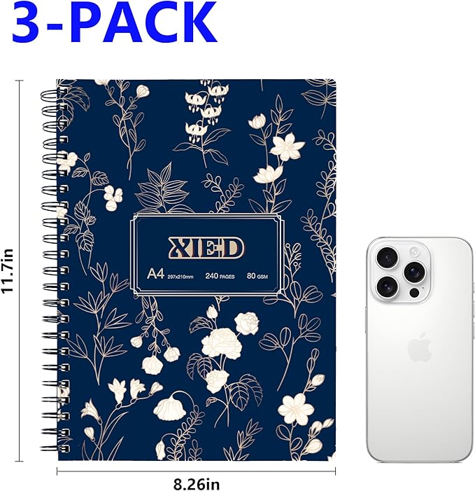 Spiral Notebook,A4 Lined Notebook, 3 Pack,8"x11-1/2", 120 Sheets & 240 Pages, Water Resistant Cover Notebook Set Perfect for School & Office