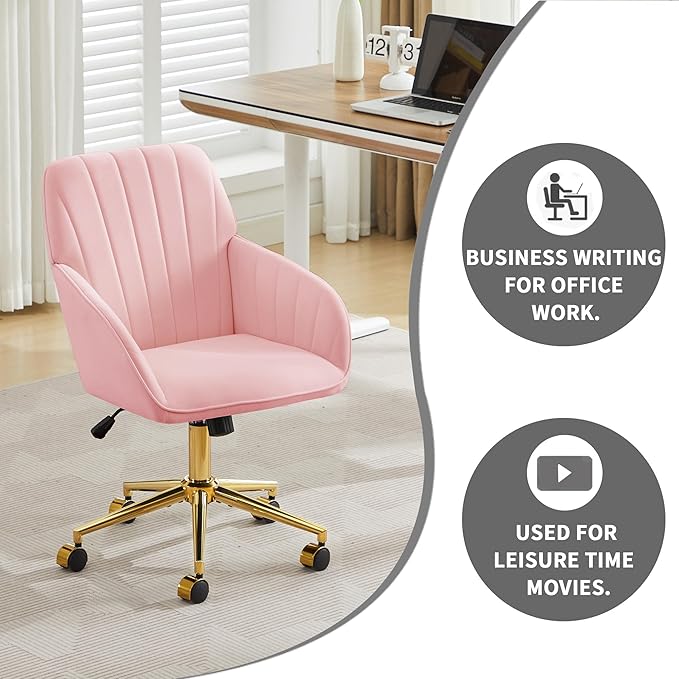 YISHENG Velvet Office Desk Chair with Gold Base, with Wheels,Modern Height Adjustable 360 Degree Swivel Upholstered Vanity Chairs with Arms for Living Room Bedroom,Pink